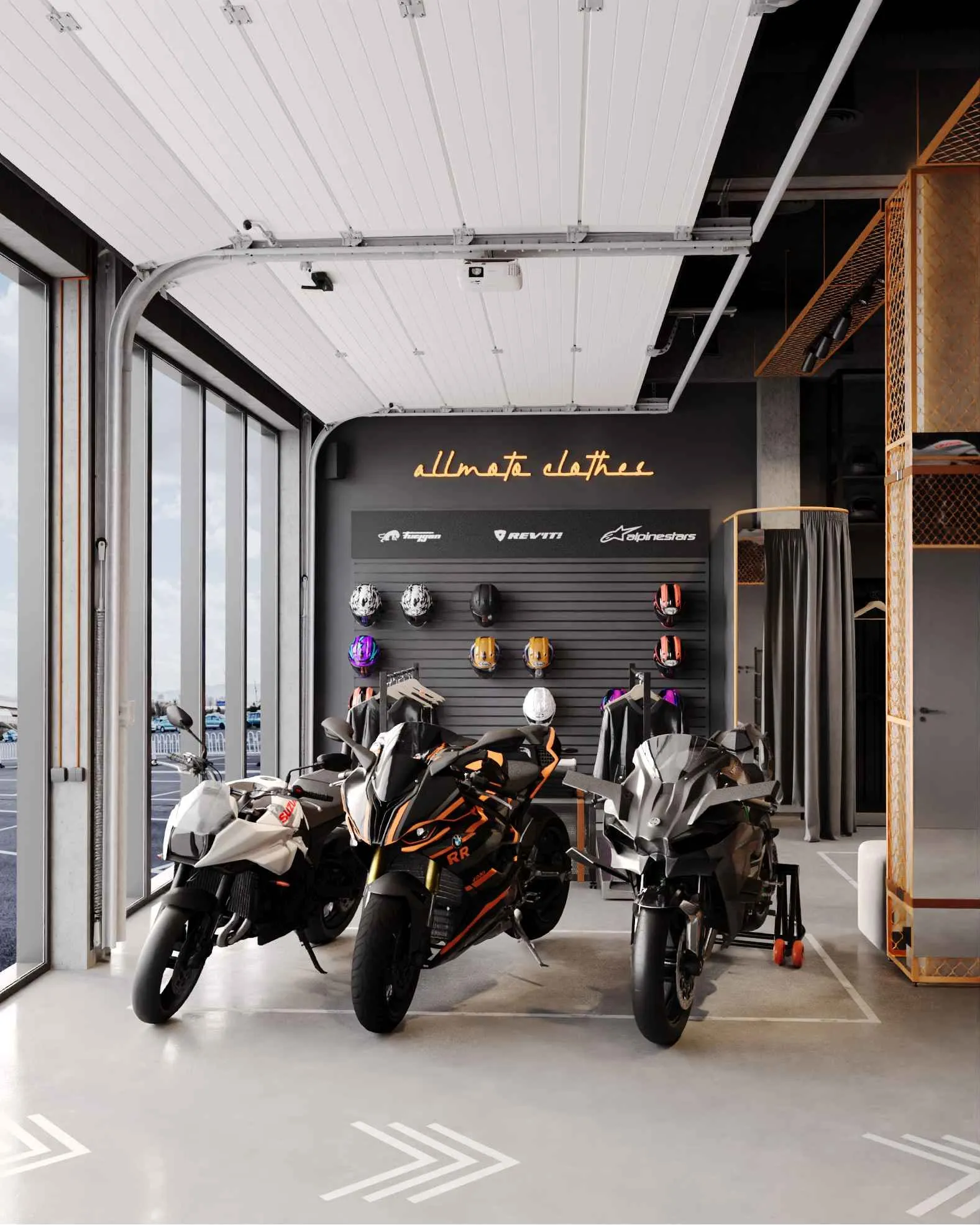 All Moto Showroom: мотоциклы у панорамного остекления и стена экипировки