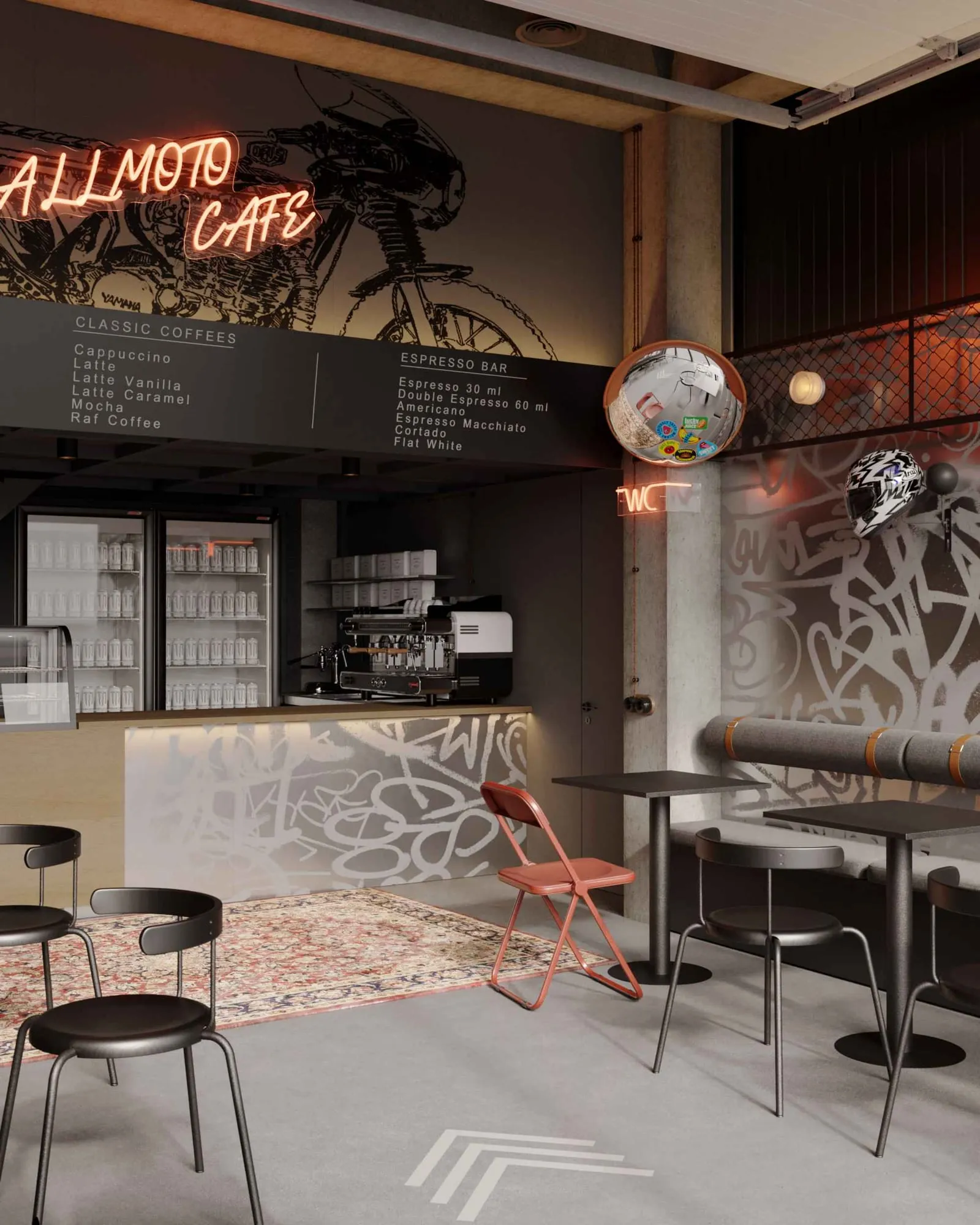 All Moto Cafe: барная стойка с неоновой вывеской