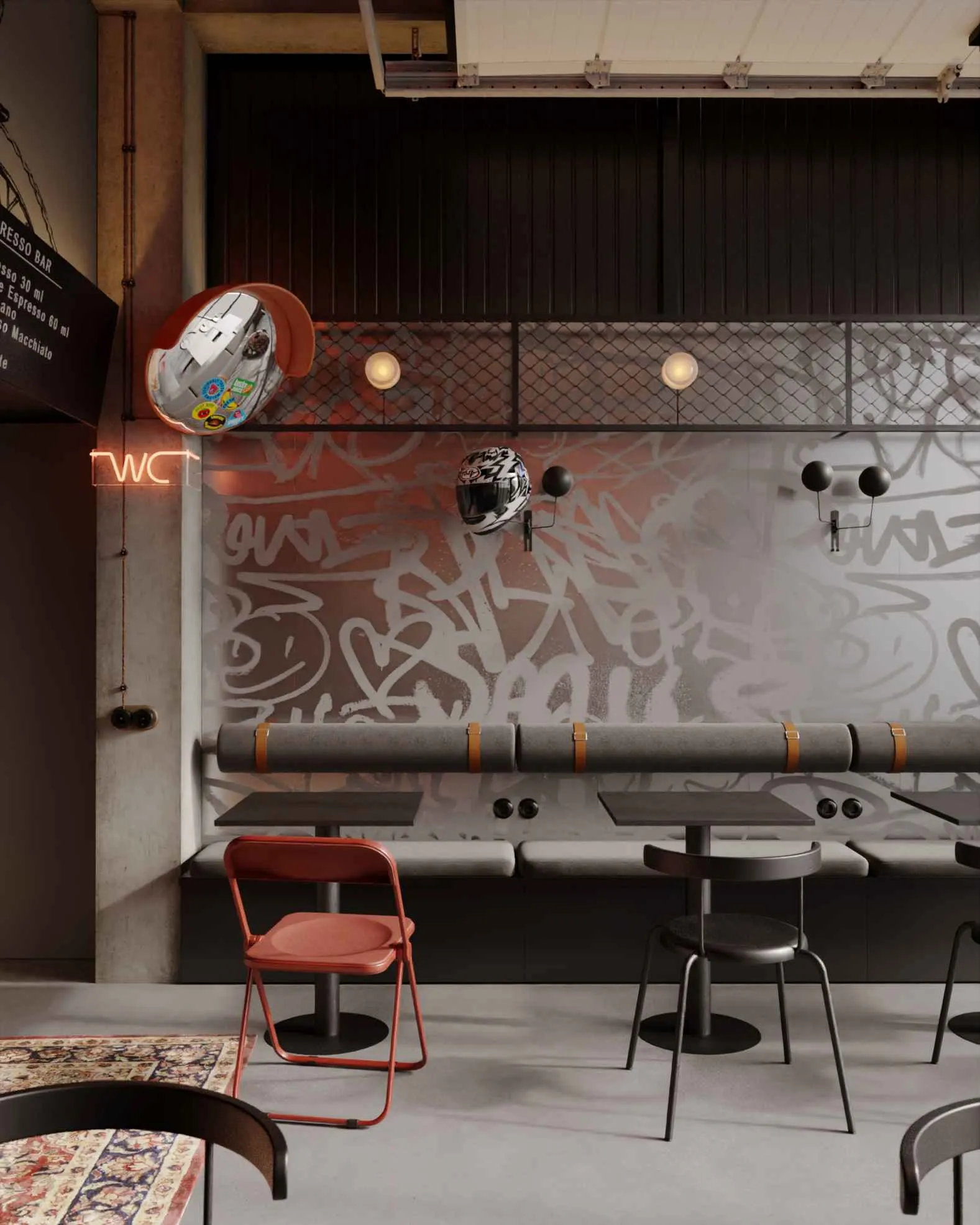 All Moto Cafe: посадка у стены с граффити