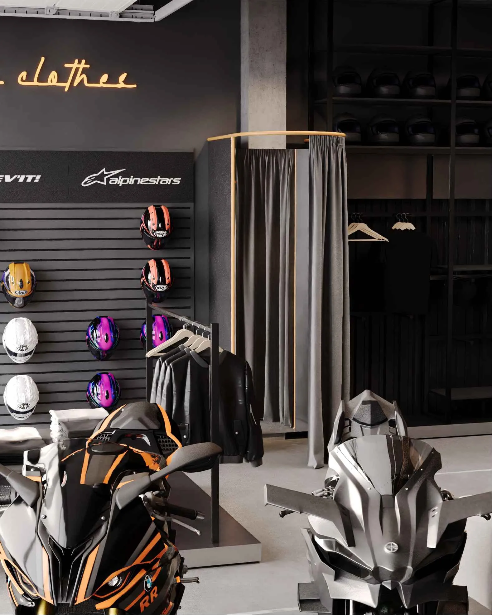 All Moto Showroom: стена экипировки и примерочная