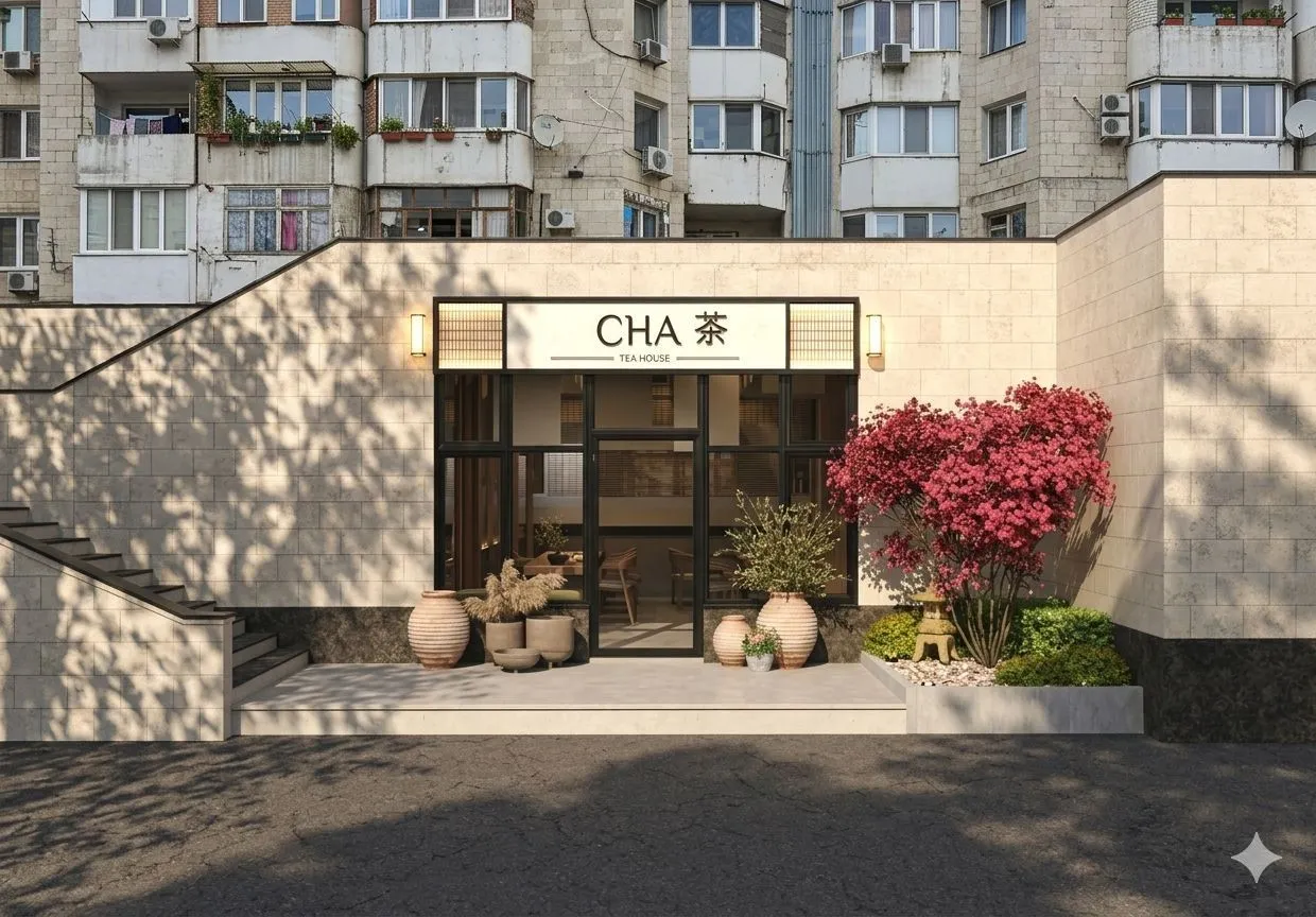 Фасад после: вход с вывеской CHA 茶 и озеленением
