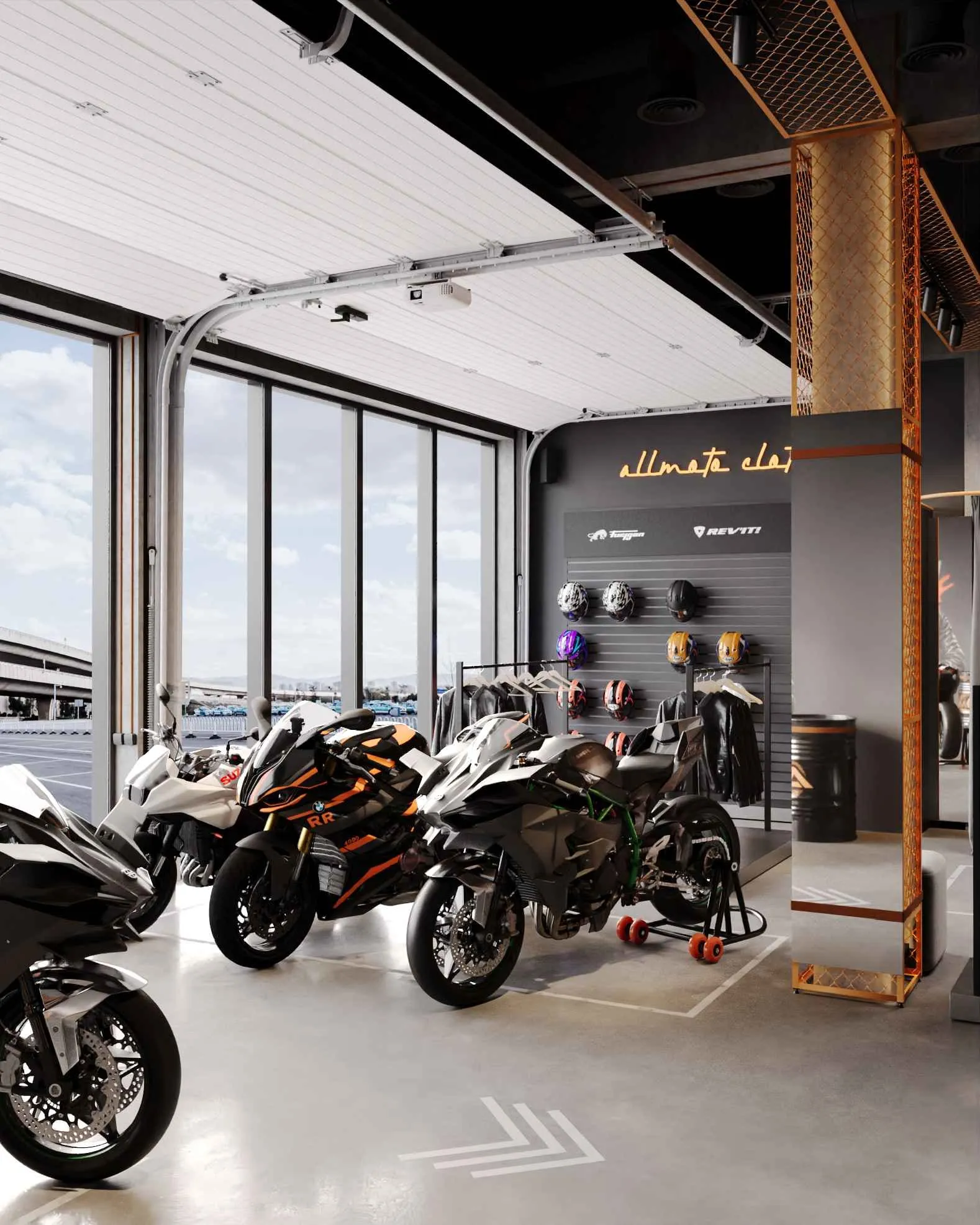 All Moto Showroom: мотоциклы у окон, стена со шлемами и неоновая надпись
