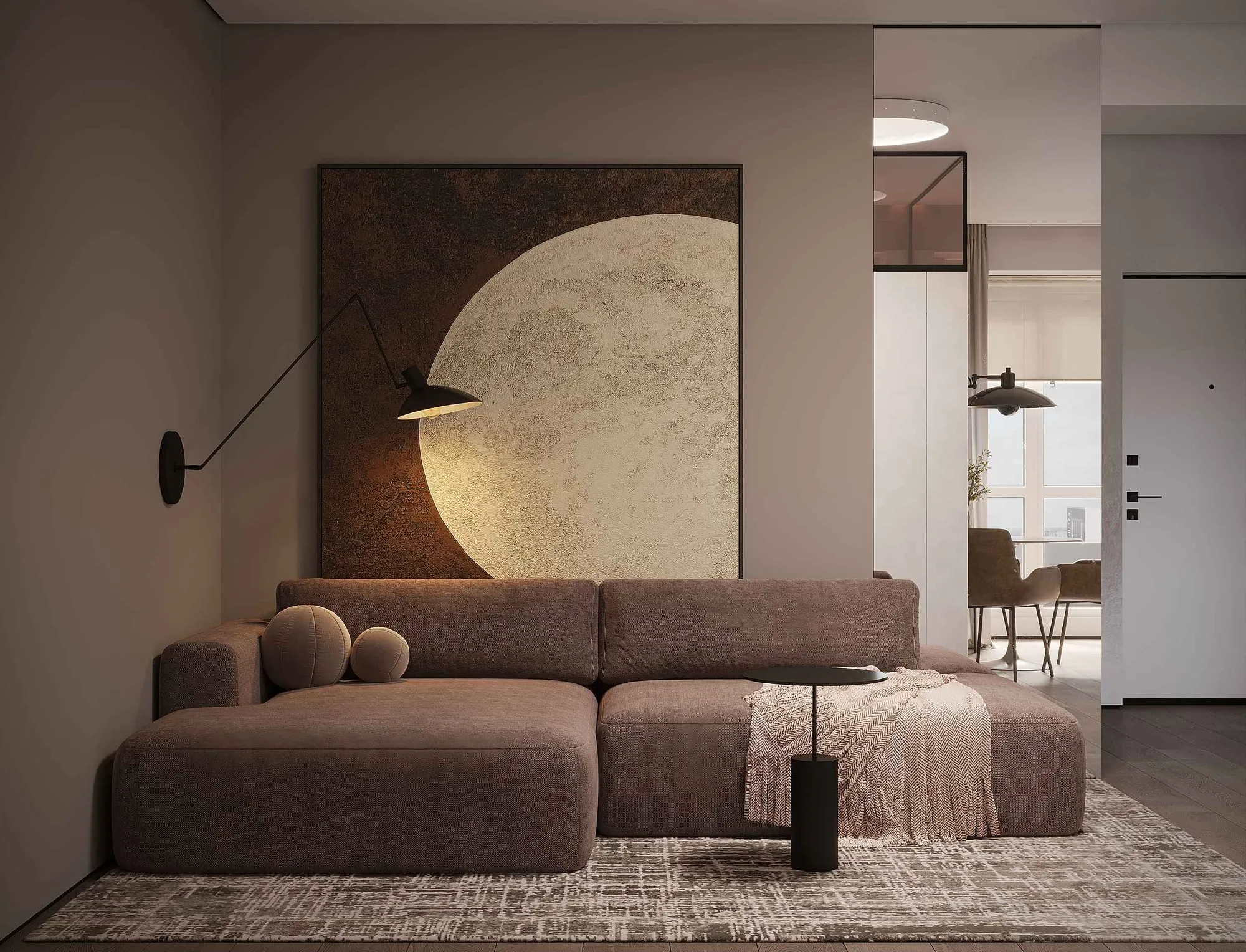 Newton House: гостиная с диваном и круглым панно на стене