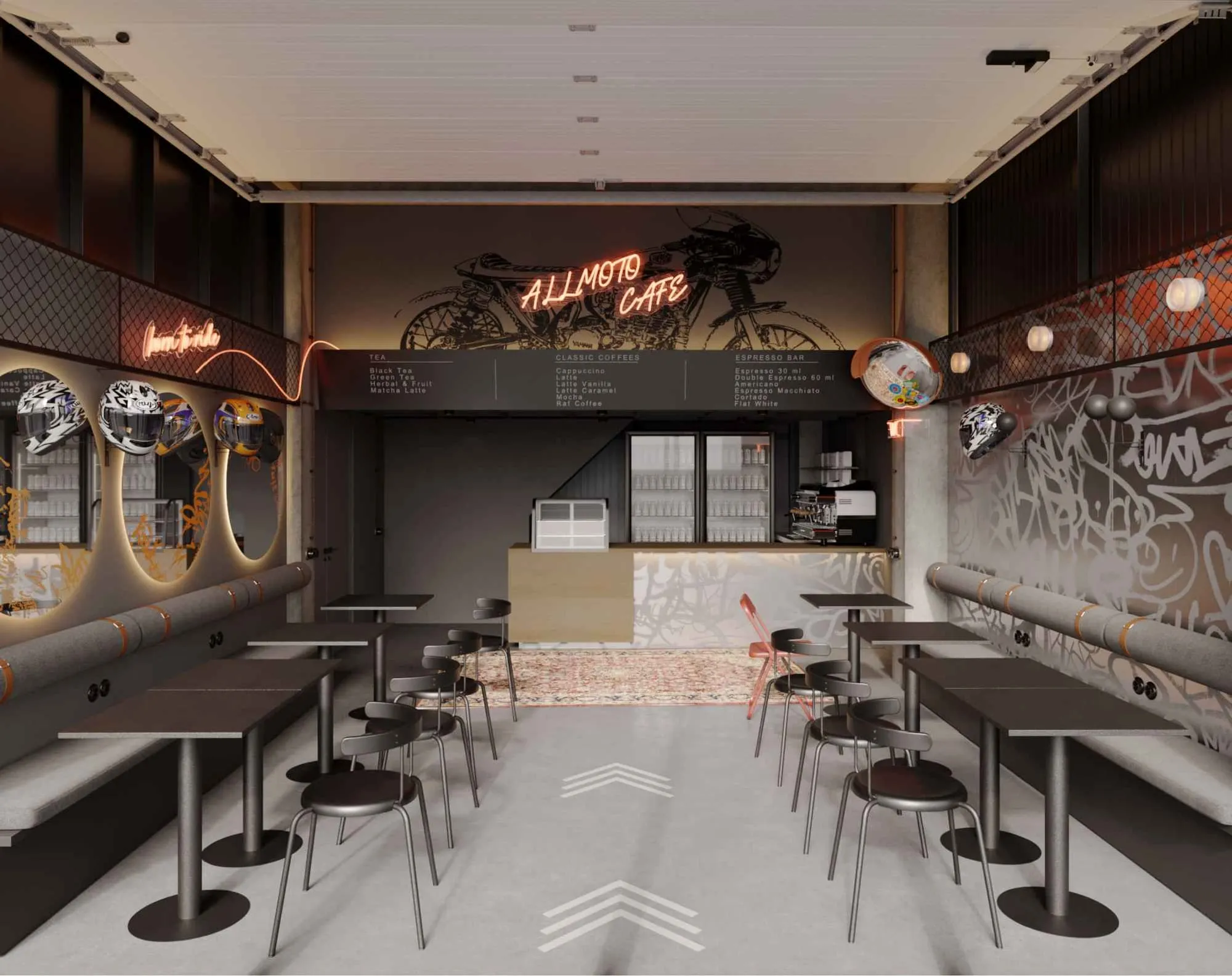 MOTO Cafe: зал со столиками вдоль стен и барной стойкой в глубине